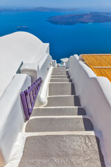 Greece Santorini island in Cyclades, traditional sights of colorful and white washed walk paths...