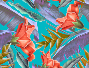 Colorful Seamless Pattern with tropic flowers and leaves. Palm leaf background. Fashion pattern design. - 438123546