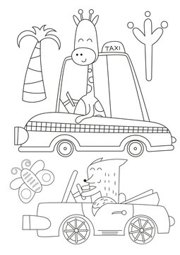 Coloring pages of zoo animals children's activities. Animal driver giraffe and fox  in funny cars vector illustration