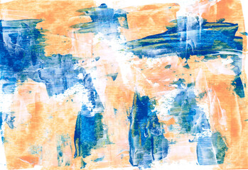 Abstract hand drawn colorful and texture background. Orange, blue and white colors mixed together. Abstract lines and blots. Interior picture, modern art. Beautiful creative print. 