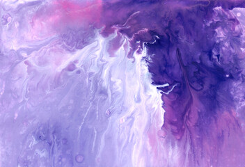 Abstract fluid art background. Pink, purple and white colors mix together. Beautiful creative print. Abstract art hand paint. Original artwork. Color splashing on paper. Interior picture. 