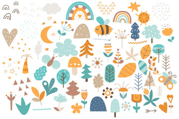 Forest woodland floral clipart isolated set. Scandinavian elements for kids design, nursery wall art. Vector illustration on white background.
