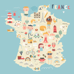 Fototapeta na wymiar France map kids nursery poster print. French elements, people, symbols. Fun tutorial. Vector illustration.