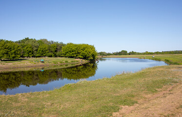 Several anglers are fishing on a clear, sunny summer day on a small, picturesque river.