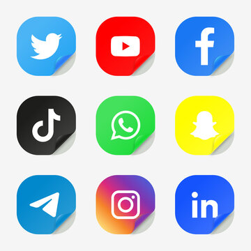 Social Media Icons Stickers, 3d Round Paper Buttons For Social Network Logos With Round Label With Curved Corner, Facebook, Instagram, Twitter, Youtube, Tiktok, Whatsapp, Snapchat, Linkedin, Telegram