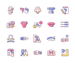 Tattoo and piercing RGB color icons set. Isolated vector illustrations. Creating beautiful pictures on human skin. Valuable jewellery in body. Professional tools simple filled line drawings collection