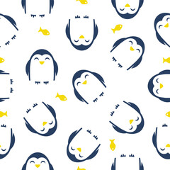 Seamless pattern with funny penguins, fish and stars. A simple children's pattern.