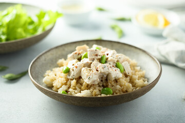 Healthy quinoa bowl with chicken and edamame beans