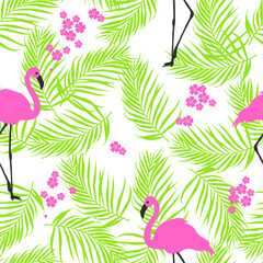 Flamingo seamless pattern on leaves background. Pink flamingo vector background design for fabric and decor.