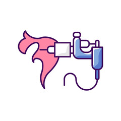 Tattoo machine RGB color icon. Isolated vector illustration. Special device for creating tattoos. Professional equipment. Tool for injecting ink. Body modifications simple filled line drawing.