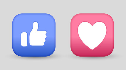 Obraz premium like and love icon,Thumb up and heart button in 3d rectangle - social media notification icons - reactions