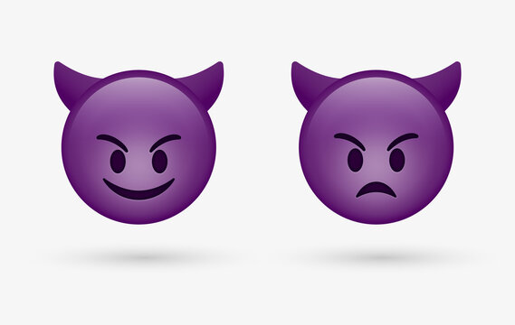 3d devil emoji face - bad evil emoticon - Smiling face with horns. Purple devil emotion, angry Sad Devil, Imp emotion - popular emojis - social media emoticons
