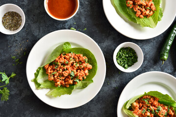 Asian minced meat lettuce wraps - obrazy, fototapety, plakaty