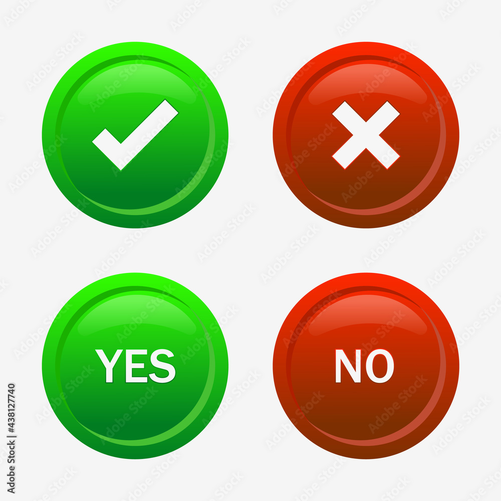 Poster check mark icon button  - Green check correct and red cross mark icon - approved and rejected symbols - yes and no buttons for apps and website	
