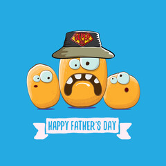 happy fathers day greeting card with cartoon father potato and kids . fathers day vector label or icon isolated on blue