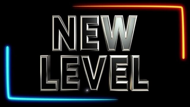 Text Bannner with typography New Level with neon effect in frame. 