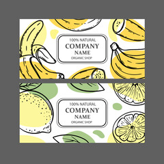 BANANA LEMON LABELS Design Of Stickers For Shop Of Organic Natural Fresh Fruits Vegetables And Dessert Drink Products In Sketch Style Vector Illustration Set
