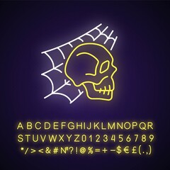 Skull with spider web neon light icon. Horror story. Halloween decoration. Solving puzzles. Outer glowing effect. Sign with alphabet, numbers and symbols. Vector isolated RGB color illustration