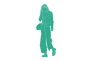 Vector illustration of casual woman walking on the sideroad, Flat style with outline