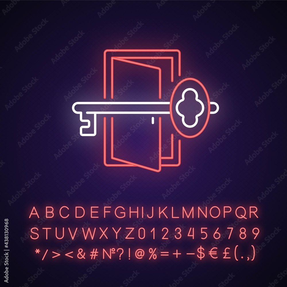 Sticker finding key to get out neon light icon. gain access to open door. solve puzzle, clues for riddles. o