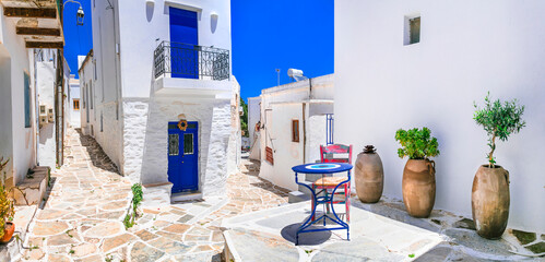 Beautiful Lefkes traditional greek village in Paros island. Charming coffe bars in narrow streets. Cyclades , Greece