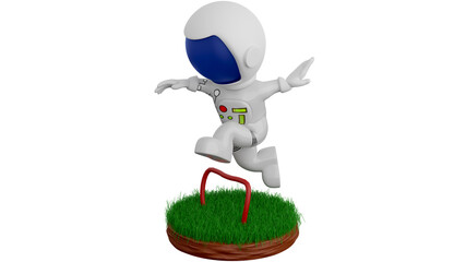 3D Cartoon Astronaut Jumping Over A Planet. An astronaut is a person trained, equipped, and deployed by a human spaceflight program to serve as a commander or crew member aboard a spacecraft. - obrazy, fototapety, plakaty