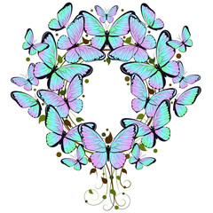 A wreath of rainbow butterflies. Round frame for greeting card, a party. Isolated elements. Colorful vector illustration.