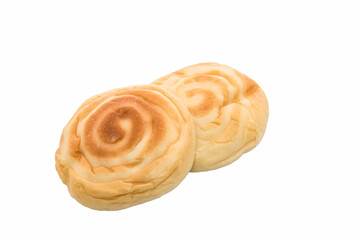 .Sweet bread stuffed with chicken curry placed on a white background