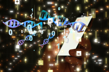 Fototapeta na wymiar Businessman holding a 3d render DNA.