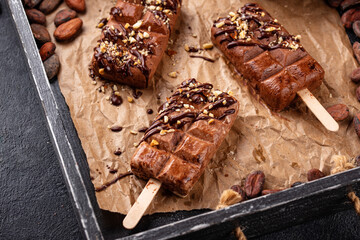 Chocolate ice cream popsicle with nut