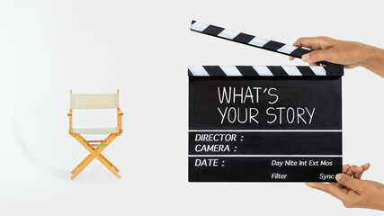 what's your story.title text on film slate and directors chair - obrazy, fototapety, plakaty