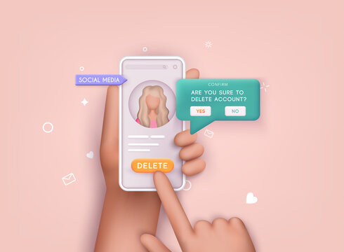User deleting social account Concept of delete profile, account deactivation, remove data files or page. 3D Web Vector Illustrations.
