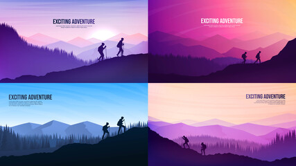 Vector landscapes set. Travel concept of discovering, exploring and observing nature. Hiking. Adventure trekking tourism background. People climbing to the top of the mountain. Group climbs on cliff