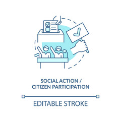 Social action and citizen participation concept icon. Community change abstract idea thin line illustration. Achieve social justice, empowerment. Vector isolated outline color drawing. Editable stroke