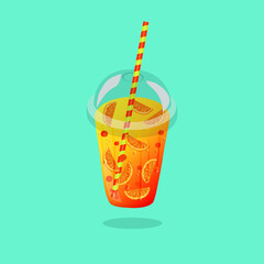 Lemonade with orange slices in transparent disposable plastic cup with a sphere dome and striped straw isolated on a blue background. Vector illustration.