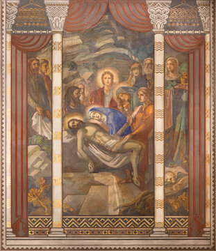 BARCELONA, SPAIN - MARCH 3, 2020: The fresco of Deposition (Pieta) in the church Parroquia Santa Teresa de l'Infant Jesus by Francisco Labarta (20. cent.).