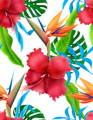 Colorful Seamless Pattern with tropic flowers and leaves. Hi quality fashion design. Fresh and unique botanical background