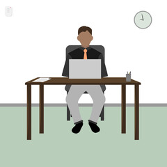 Man working on desktop, laptop at workplaces. Business concept. Office workshop. Vector illustration.