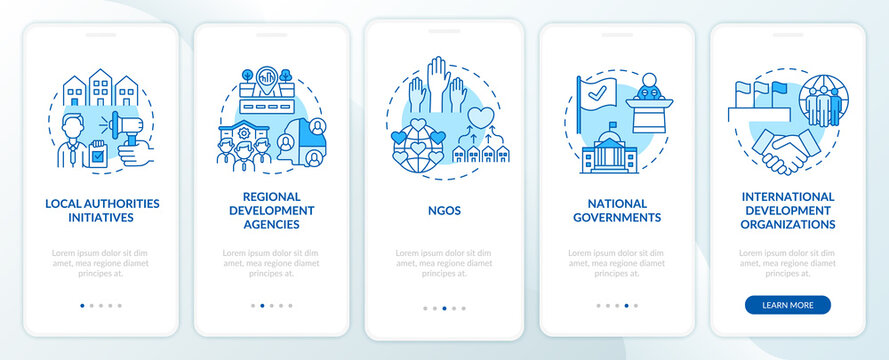 Society development programs levels onboarding mobile app page screen with concepts. Volunteering walkthrough 5 steps graphic instructions. UI, UX, GUI vector template with linear color illustrations