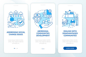 Society development targets onboarding mobile app page screen with concepts. Aboriginal community walkthrough 3 steps graphic instructions. UI, UX, GUI vector template with linear color illustrations
