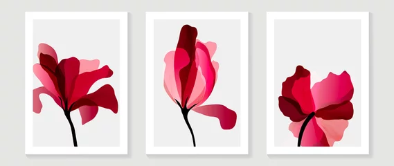 Schilderijen op glas Geschilderde Bloemen Abstract art red flower background vector. wall art design with watercolor art texture from floral and botanical flower, x-ray botanical leaves design  Vector illustration.  © TWINS DESIGN STUDIO
