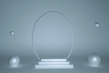 3D minimalism, pastel blue geometric studio background for product display with copy space. Round arch and spheres on the floor. Background for advertise product on website. 3d rendering