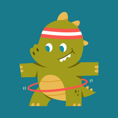 Funny dinosaur with hula hoop vector cartoon character isolated on background.