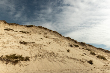 a sand dune with lots of grass overgrown in front of a bright blue sky with fine white veil clouds. 