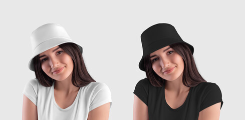 Mockup of a white, black panama hat on a young dark-haired girl, isolated on background. Set