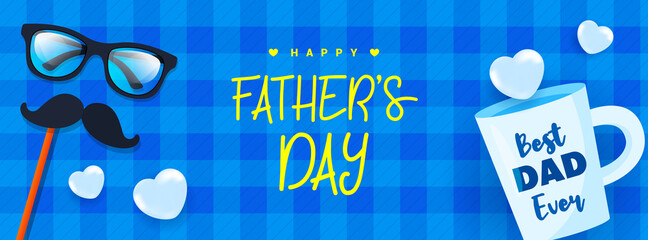 Happy Father's Day Banner Vector illustration. Glasses, mustache and dad mug on blue tartan pattern background