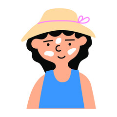 Little girl with sunscreen on her face. Protecting from sun. Illustration on white background.