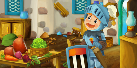 Obraz na płótnie Canvas cartoon wooden house farm ranch kitchen with knight