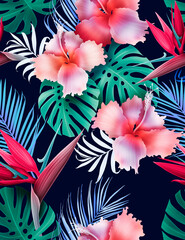 Colorful Seamless Pattern with tropic flowers and leaves. Hi quality fashion design. Fresh and unique botanical background - 438139146