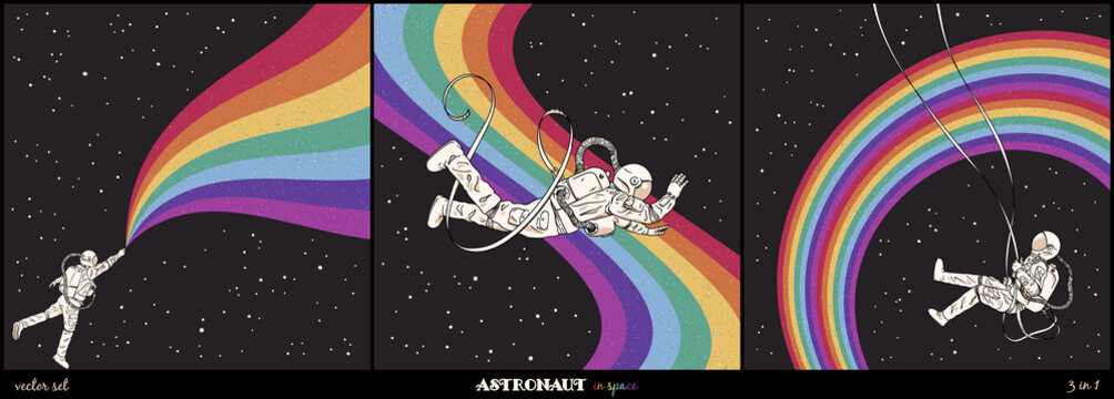 Flying astronaut in spacesuit. Cosmonaut on swing. Rainbow in space